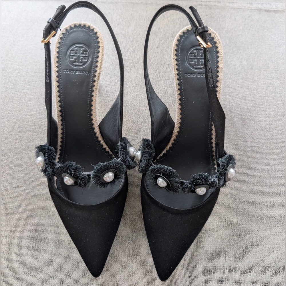 Tory Burch Black Heels with Pearl Embellishments